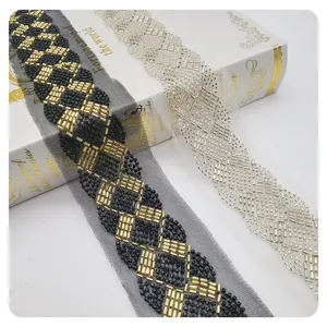 Hot Selling Bridal Beaded Polyester French Neck Crystal Gold Beads Wedding Veil Border Chemical Lace Trimming For Dress