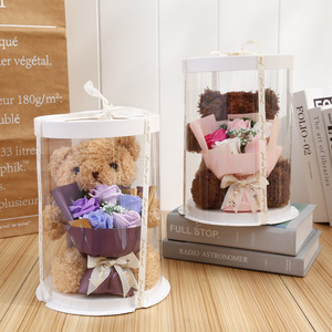 Boîte d'emballage pour ours en fleurs roses 2022, boîte à gâteau ronde transparente cylindrique haute, boîte cadeau pour fleurs, boîte d'exposition anti-poussière - Product Image 2