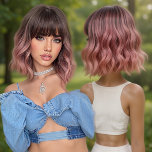 European American <b>Women</b> Short Curly Bob <b>Wig</b> With Bangs Water Wave Full Machine Natural Looking Daily Party Use - Product Image 3