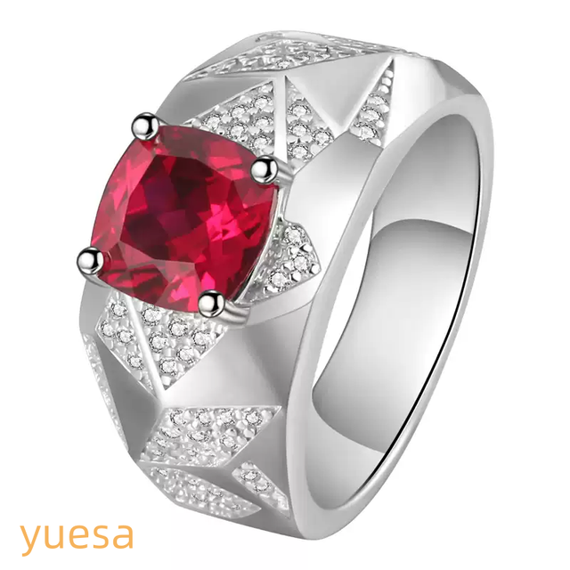 Men's Ruby Ring 925 Sterling Silver Rhodium Plated Emerald Cut Prong Setting Micro Insert Luxury Design