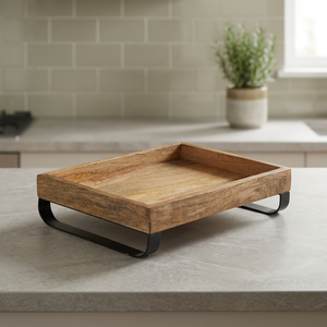 Premium wooden serving tray with black metal legs perfect for breakfast display home decor and elegant tabletop use - Product Image 1