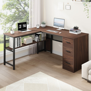 Escritorio de oficina moderno en forma de L con cajones, escritorio industrial grande en forma de L para ordenador con archivador para trabajo, estudio, escritura y juegos - Product Image 2