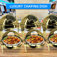 Luxe buffet chafing dish van roestvrij staal, rond, goudkleurig, met roll-top deksel, 6 liter, voor 5 personen