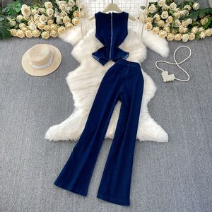 Rắn giản dị thời trang trang phục Thiết kế thanh lịch dệt denim vest + eo cao rộng chân quần một bộ - Product Image 3