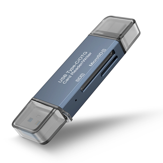 High Quality 2-in-1 USB-C/USB Aluminum Gray Card Reader with External Installation Supporting SD/MMC/TF/ Memory Transfer
