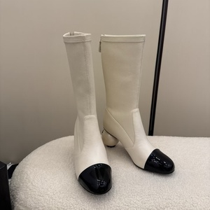 Women's Chic Mid-Calf Leather Boots Breathable Zip Back Design Contrast Toe Heel Black/Beige/White Fall Winter Autumn Summer - Product Image 4