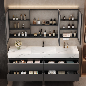 Vintage Style Black Bathroom Vanity: Marble Top, Illuminated Cabinet, Ample Drawer <b>Storage</b> for Elegant <b>Bath</b> Organization - Product Image 5