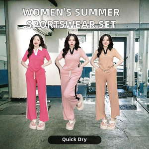 Ensemble de vêtements de sport d'été élégant pour femmes, tricot uni, col montant décontracté, haut à manches courtes, ensemble deux pièces large et respirant - Product Image 4