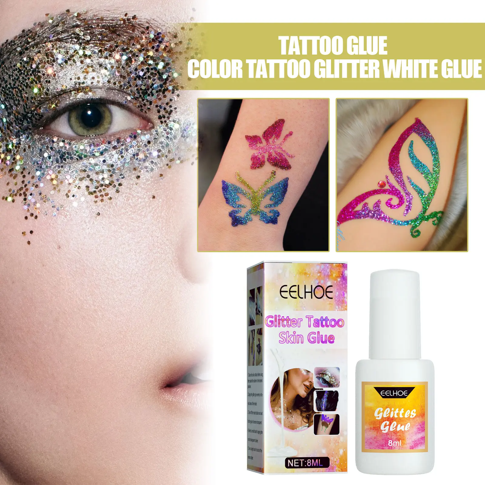 Commercio all'ingrosso EELHOE impermeabile Glitter tatuaggio della pelle colla Flash per viso e corpo pittura per il trucco degli occhi bianco colla adesiva
