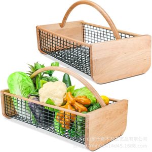 Wooden Fruit And Vegetable <b>Storage</b> <b>Basket</b> With Handles Rectangle Desktop Kitchen <b>Storage</b> <b>Basket</b> For Neatening And Organization - Product Image 4