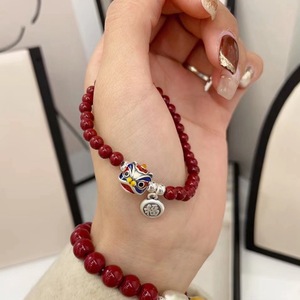 Pulsera de Cinabrio Natural con Diseño de Danza del León, Plata Pura 999, Estilo Chino, Amuleto de la Suerte, Joyería Unisex para Regalo - Product Image 1