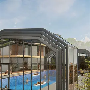 定制太阳能游泳池盖泳池屋顶伸缩式户外伸缩式聚碳酸酯游泳池盖围栏