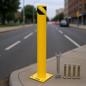 Barriera di sicurezza con pali di delimitazione, altezza 42 pollici, diametro esterno 4-1/2 pollici, tubo in acciaio verniciato a polvere giallo per aree trafficate - Product Image 2