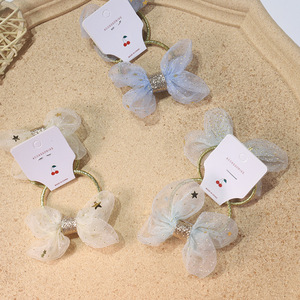 Coletero de malla estilo coreano para niños, color caramelo, con lazo, linda estrella de cinco puntas con brillantina, paquete doble de coleteros para el cabello de bebé - Product Image 4