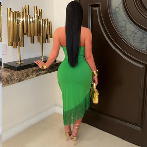 Femmes élégantes licou cou sans manches gland ourlet noeud côté fendu irrégulière <span class=keywords><strong>commode</strong></span> été Club fête Vestidos robes Sexy - Product Image 5