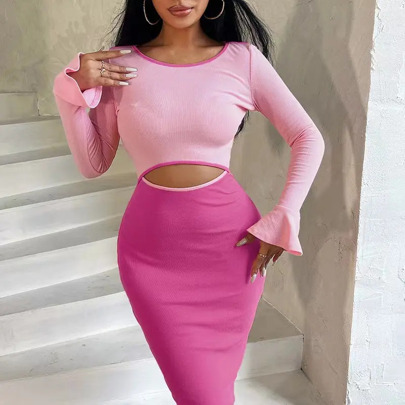 2022 New Fashion Stretchy Hollow Out Dress Ladies Prom Party Long Sleeves Dress Boutique Clothing Women Fall Dress