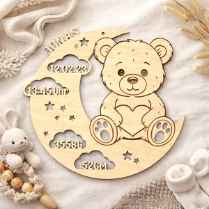 Pendentif Plaque Commémorative en Bois Ourson Lune pour Naissance Bébé, Décoration Nouveau-né Découpée au Laser, Plaque Nominative Baptême, Ornement <span class=keywords><strong>de</strong></span> Bureau - Product Image 1
