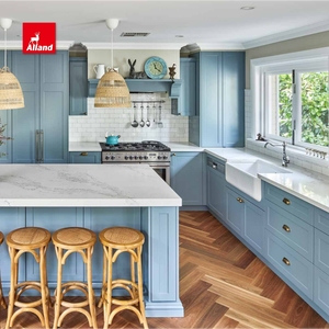 Alland Modern Shaker Design Door Blue Painted Solid Wood Cupboard <strong>Rustic</strong> Kitchen <strong>Cabinets</strong> With Island Quartz Countertop - Product Image 1