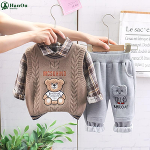 Nouveau printemps automne 3 pièces garçons vêtements ensemble dessin animé ours <span class=keywords><strong>pull</strong></span> gilet à manches longues chemises à <span class=keywords><strong>carreaux</strong></span> coton pantalon bébé vêtements - Product Image 2