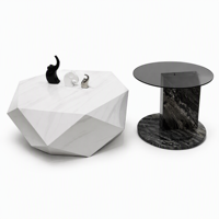 Table basse hexagonale en marbre blanc à facettes géométriques, surface sculpturale, piédestal monolithique, côté en verre fumé, cadre en bois moderne