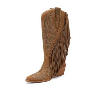 Botas Vaqueras de Mujer Color Bronceado con <span class=keywords><strong>Flecos</strong></span> hasta la Rodilla, Bordadas, con Punta Puntiaguda y Tacón Cuadrado, para un Estilo Country - Product Image 4