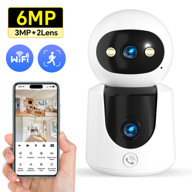 6MP Dual Lens PTZ Security Camera 2K HD Indoor WiFi IP Camera Full Color Night Vision Motion Detection for Home Baby Pet Monitor