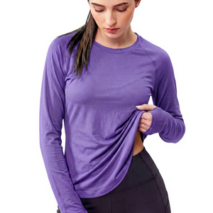 T-shirt de sport pour femme à manches longues, uni, décontracté, anti-UV UPF 50+, séchage rapide, respirant, en polyester tissé avec lettres - Product Image 1