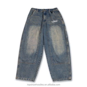 تصنيع المعدات الأصلية مخصص الصانع غسلها نجار الساق واسعة عالية الخصر مزدوجة الركبة السراويل الجينز الفضفاضة للرجال - Product Image 1