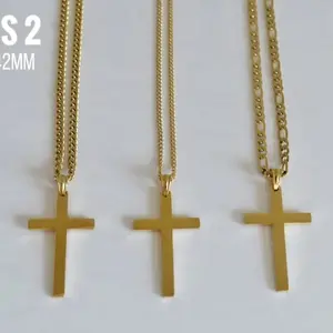 Colar de ouro 18K para homens, pingente e corrente de ouro unissex, joia de Jesus na cruz, joia Figaro de 3 mm para ele, joia cristã
