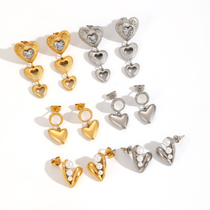 Pendientes con forma de corazón con incrustaciones de circonita y perla de acero inoxidable para mujer, regalo, joyería de moda - Product Image 3