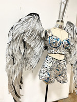 Ensemble de costume ailes de plumes argentées, tenue réfléchissante 2 pièces avec grandes ailes pour spectacle sur scène, carnaval et performance DJ