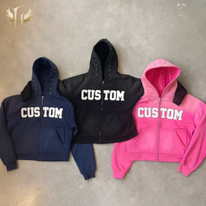 커스텀 후디 500GSM 프렌치 테리 오버사이즈 박시 핏 셔닐 자수 선 페이드드 애시드 워시드 크롭 라인스톤 후드 후디 - Product Image 4