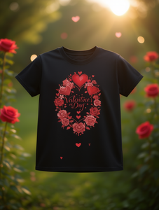 T-shirt con stampa di cuori e fiori per San Valentino, top casual da donna a maniche corte con scollo rotondo, tessuto in jersey di cotone 100% - Product Image 2