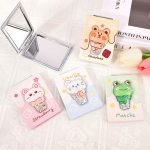 カスタムロゴ入り高級ピンクうさぎミラー、キュートなポケット折りたたみ式PUレザー、ステッカー装飾、水の流砂メイクアップミラー（女の子向け） - Product Image 1