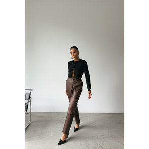 Pantalon en cuir PU marron taille haute coupe droite anti-boulochage pour femme - Product Image 2