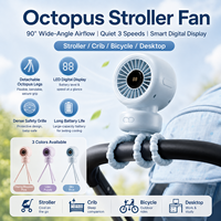 Ventilateur portable pieuvre pour poussette avec écran LED, 3 vitesses, silencieux, alimenté par USB/batterie, portable pour poussette de bébé, siège auto et voyage
