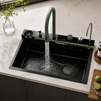 Set Wastafel Dapur Modern Hijau Pintar dari Baja Tahan Karat dengan Keran Air Terjun dan Panel Kontrol Tujuh Fungsi