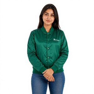 Tiierwear <b>Women</b> Green Satin <b>Bomber</b> <b>Varsity</b> <b>Jacket</b> Single Breasted Snap Button Stand Collar Logo Autumn - Product Image 1