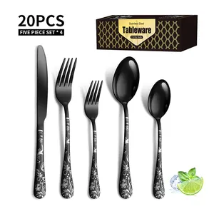 20件不锈钢餐具勺子叉刀套装金色黑色餐具，带花柄礼品盒