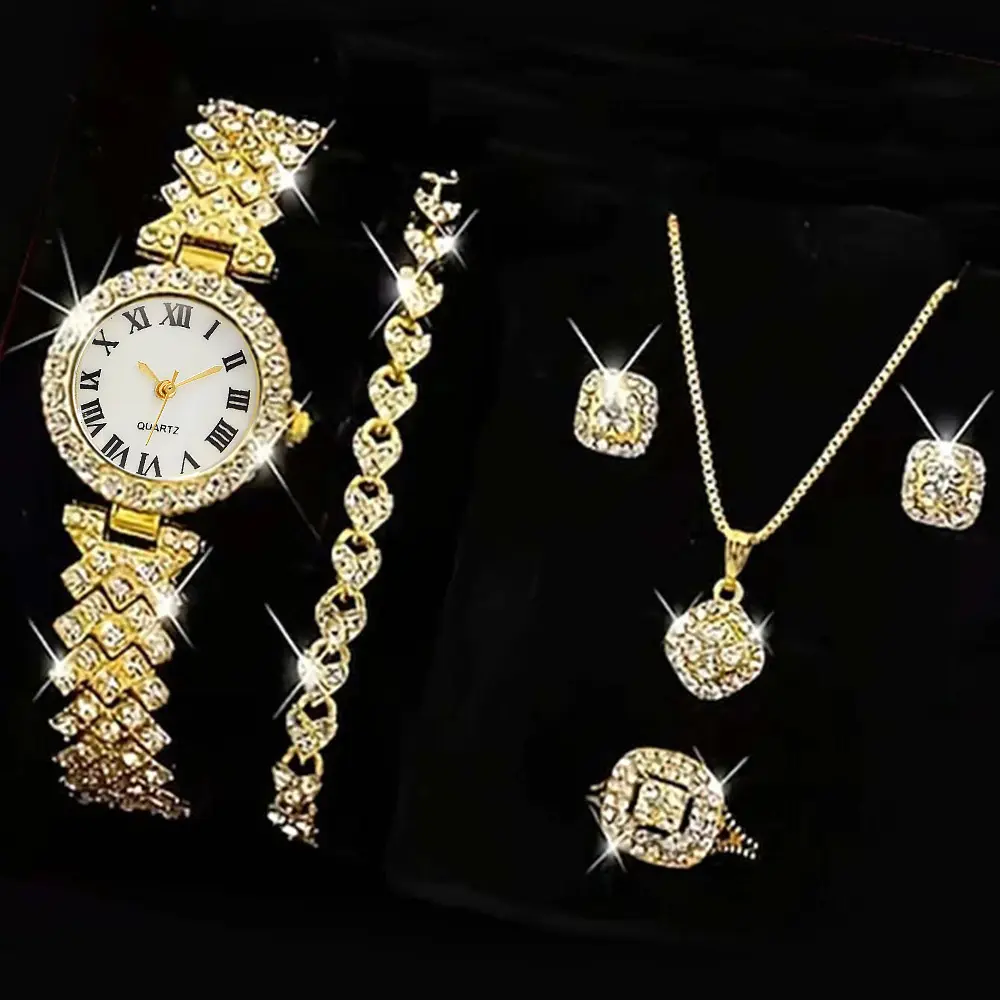Moda romana patrón Diamante tachonado reloj de mujer reloj de cuarzo pulsera collar anillo pendiente conjunto
