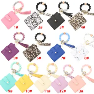 Leather Case Wristlet Silicone Beaded Bracelet Keychain Card Case Wallet Wrist Pompoms With Tassel Bangle Card Holder