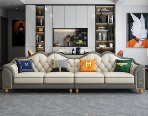 Set Divani in Pelle 1+2+3 Stile Americano per Soggiorno, Combinazione di Divani di Lusso Leggero per Appartamento - Product Image 5