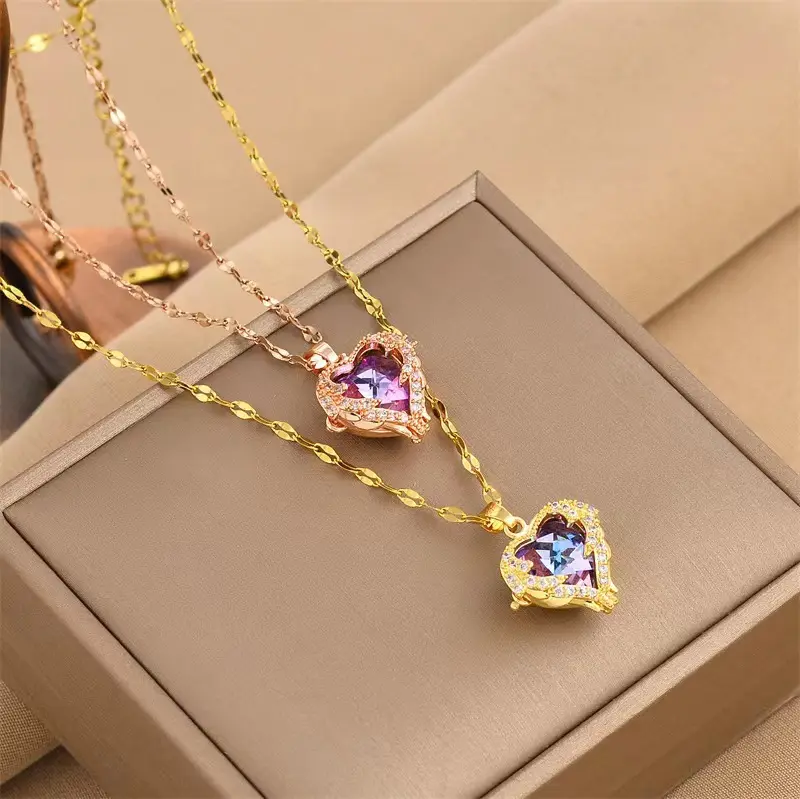 women Titanium Steel Chain 18K Gold Plated Necklace Diamond Heart Of The Ocean Crystal Love Pendant Necklaces