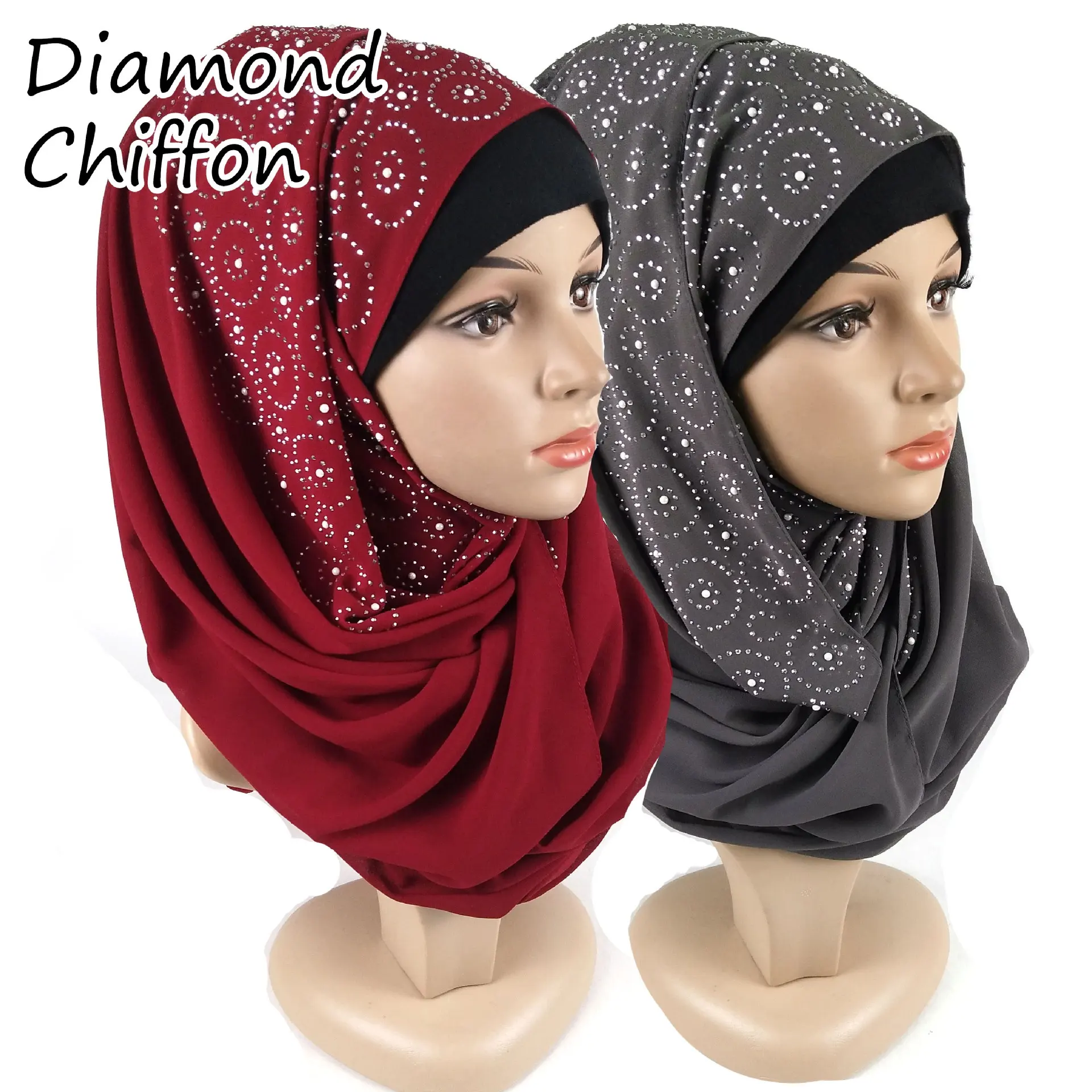 2020 फैशन व्यक्तिगत इन्फिनिटी मुस्लिम सर्कल इस्त्री हीरा स्कार्फ के लिए पगड़ी रंगीन हीरा शिफॉन दुपट्टा महिलाओं