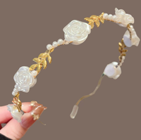Bando Rambut Mawar Mewah, Hiasan Kepala Bunga Mutiara Bernuansa Hutan yang Anggun dan Indah, Bando Rambut Retro Berbahan Paduan Emas.