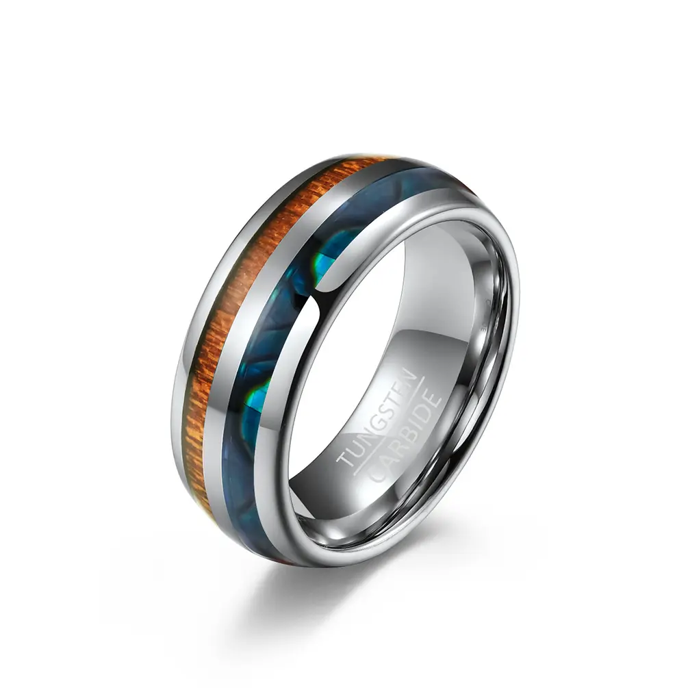 Yüksek kalite moda Tungsten karbür çelik kakma ahşap Opal kabuk nişan düğün parmak yüzük erkekler takı için