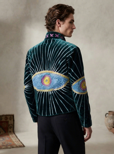 Teal Green Velvet Stand Collar Jacket Men Vintage Suzani Print Ethnic Open Stitch Outerwear Bohemian Style Eco-Friendly <b>Winter</b> - Product Image 2