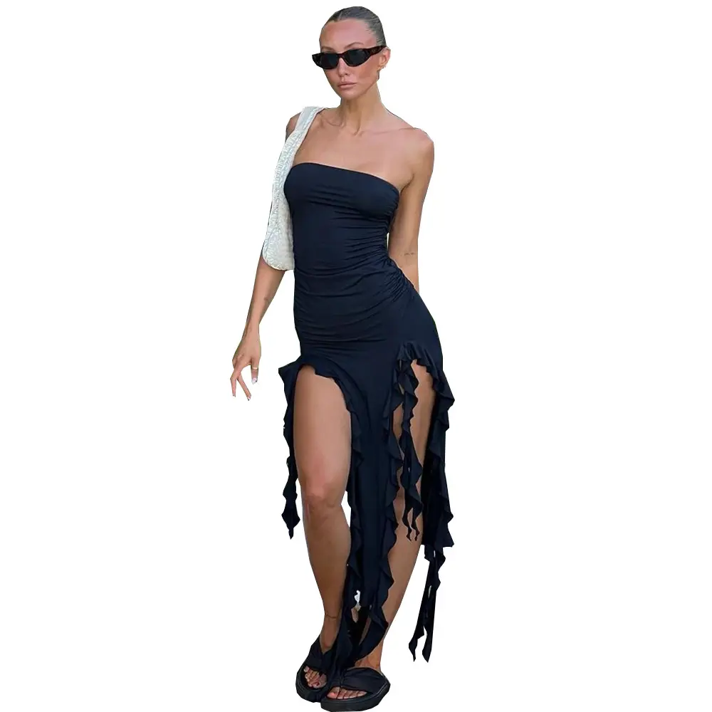 Sexy Strapless Off Shoulder Midi Dress Women Ruffles Split Beach Dress 2023 Summer Slim Fit Party Street Women's Clothing