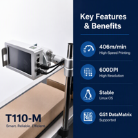 专业级 TIJ 2.5 在线打印机 T110-M 工业编码解决方案，带实时数据库，适用于生产线