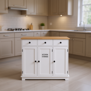 Armoire de rangement de cuisine blanche, 3 portes, 3 tiroirs, style farmhouse, autoportante - Product Image 2